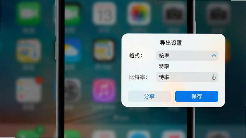 手机界面显示导出设置弹窗,选项包括格式选择、比特率设置,下方有“分享”和“保存”按钮,界面简洁明了,突出“便捷导出”功能,背景虚化,聚焦于弹窗内容,高分辨率,无杂乱元素