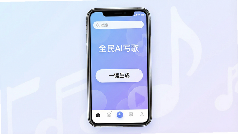 一张现代简约风格的UI界面展示图,主体是手机屏幕,屏幕中央显示“全民AI写歌”应用首页,背景为柔和的蓝紫色渐变,界面布局清晰,顶部有搜索栏,中部有“一键生成”大按钮,底部有导航栏,风格扁平化,细节精致,画质高清,干净无多余元素