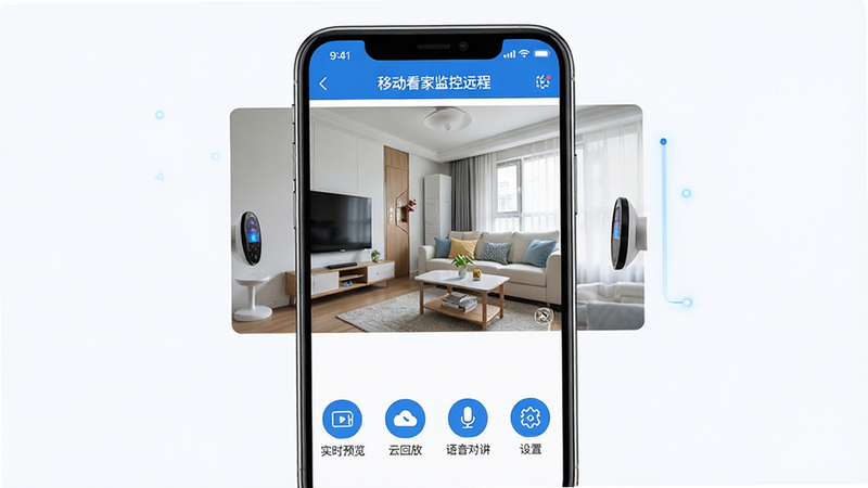 主体为‘移动看家监控远程’APP界面全屏预览,布局清晰,顶部显示设备状态栏,中部为高清实时监控画面,底部有‘实时预览’、‘云回放’、‘语音对讲’、‘设置’四个圆形图标按钮,风格为现代极简科技风,蓝色与白色为主色调,细节展现高清视频质感,画质4k,干净,无多余元素,文字‘移动看家监控远程’清晰可见