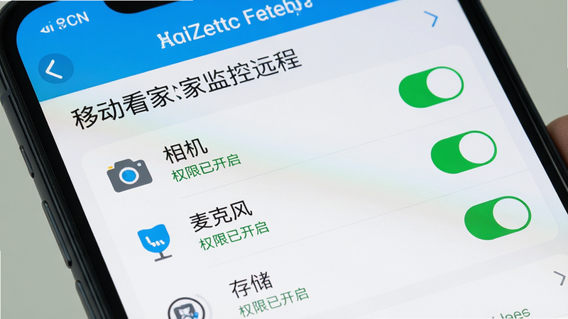 主体为手机设置界面特写,显示‘移动看家监控远程’APP的权限管理页面,布局清晰,列表显示相机、麦克风、存储权限均为开启状态,风格扁平化,细节展现开关按钮,画质高清,干净,无多余元素,文字‘权限已开启’清晰