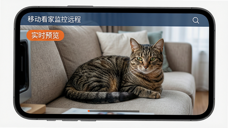 主体为手机屏幕特写,显示‘移动看家监控远程’APP正在播放高清室内监控画面,画面中有一只猫在沙发上,布局紧凑,排版整齐,风格写实高清,细节展现毛发纹理,画质高清,干净,无多余元素,文字‘实时预览’高亮显示