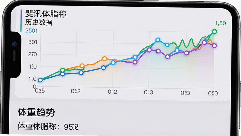 主体为手机界面中的体重趋势折线图,布局为上下分栏,上部为图表区,下部为文字说明区,背景为浅灰色,排版紧凑,风格数据可视化风,细节处折线颜色鲜明,节点清晰,画质高保真,干净无干扰,文字内容包含
