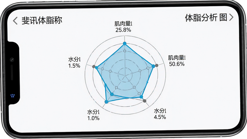 主体为手机屏幕显示的身体成分雷达图,布局为中心对称结构,背景为白色,排版清晰,风格专业医疗风,细节处显示各个维度的数据占比,画质超清,干净无杂物,文字内容包含