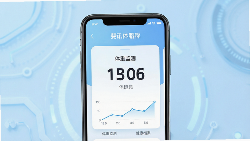 主体为斐讯体脂称App的手机界面截图,布局采用居中卡片式设计,背景为淡蓝色渐变的科技感底色,排版整洁有序,风格简约现代,细节处显示体重数值大字体及下方的小字趋势图,画质高清8K,干净无多余元素,文字内容包含