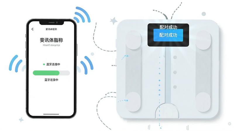 主体为手机与体脂称的蓝牙连接示意图,布局为左右布局,左侧手机显示连接进度条,右侧体脂称屏幕亮起,背景为白色,风格扁平插画,细节处信号波动画,画质清晰,干净简洁,文字内容包含
