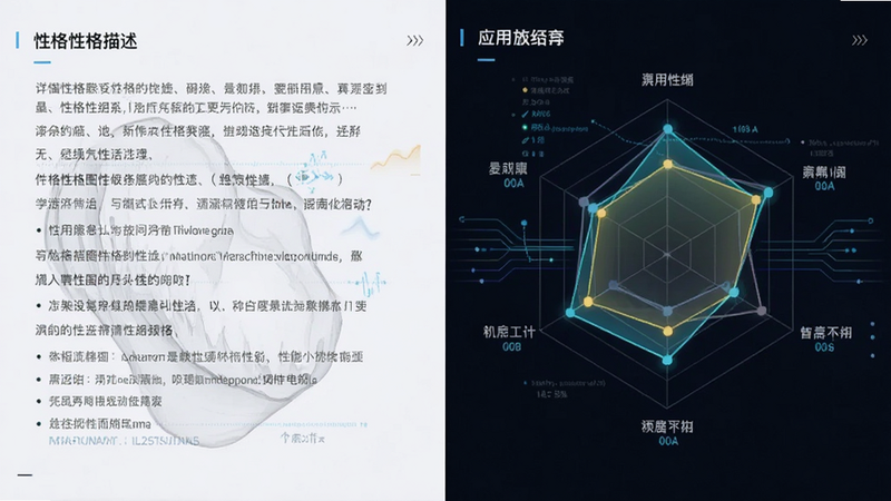 主体为性格雷达图与应用界面结合,布局左右分布,左侧为详细性格描述文字,右侧为动态雷达图,排版对称,风格科技感与人文感结合,细节包含数据流线条,画质清晰,干净,无多余元素