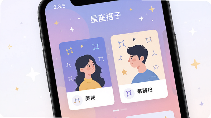 主体为手机屏幕展示“星座搭子”应用界面,布局清晰,顶部显示“2.3.5”版本号,中间是男女星座配对卡片,排版整洁,风格为现代扁平化设计,细节包含星光点缀与柔和渐变背景,画质高清,干净,无多余元素