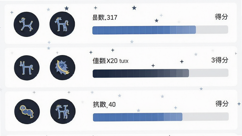 主体为星座组合表界面,布局为列表形式,每行显示两个星座图标及得分,排版整齐,风格简约商务,细节包含分数条形图,画质清晰,干净,无多余元素