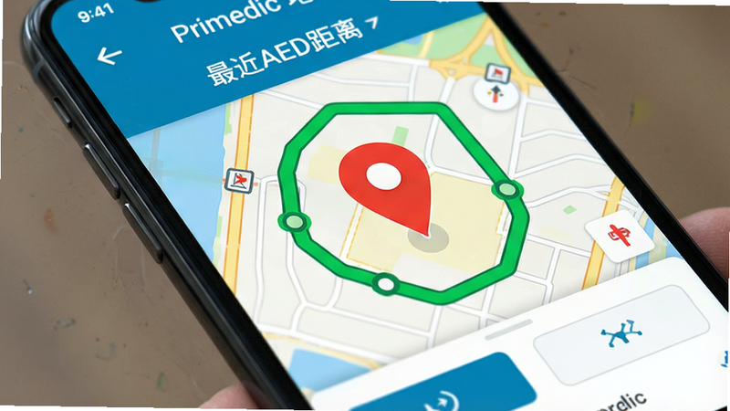 手机屏幕特写,显示 Primedic 应用内的地图界面,地图上有一个醒目的红色定位标记,周围环绕着绿色的路径规划线,界面顶部显示
