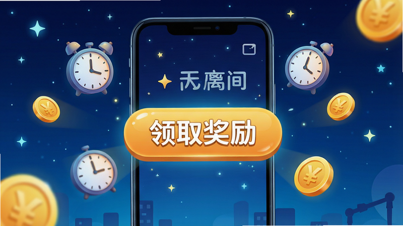 屏幕中央显示一个手机界面,界面上有一个醒目的“领取奖励”按钮,周围环绕着时钟图标和金币符号,背景为深蓝色夜空,星光点缀,整体风格科技感与卡通结合,突出离线时间概念,布局居中,清晰易读,高清细节