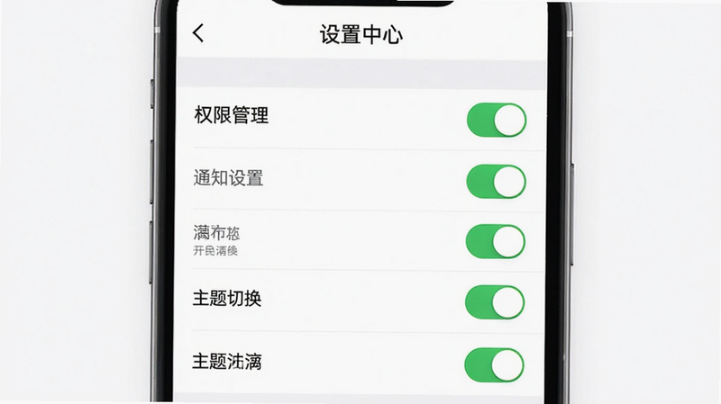 ����Ϊ��������APP�����ý��棬���������г�Ȩ�޹�����֪ͨ���á������л���ѡ�����Ϊ���İ�ɫ������Ͻ�רҵ��ϸ�ڴ��п��ذ�ť��״̬��ʾ�������������ɾ��޶���Ԫ�أ�������ʾ���������ġ�