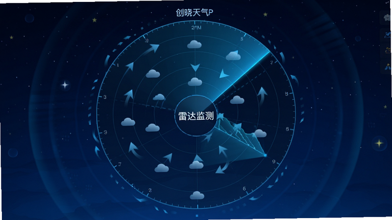 ����Ϊ��������APP���״�ͼ���棬����ΪԲ���״�ɨ����ʾ������Ϊ����������Χ��ʾ�Ʋ��ƶ���ͷ������Ϊ����ɫҹ�շ�񣬷��Ƽ���ǿ��ϸ�ڴ��ж�̬ɨ����Ч�������ʸ��壬�ɾ��޶���Ԫ�أ�������ʾ���״��⡱