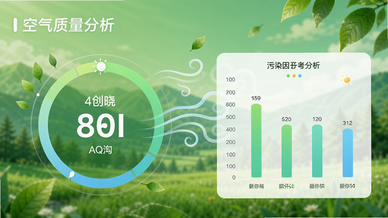 ����Ϊ��������APP�Ŀ��������������棬�������ΪAQI��ֵ��Բ�����Ҳ��г�������Ⱦ������״ͼ������Ϊ���µ���ɫ��Ȼ�羰�黯����񽡿�������ϸ�ڴ���Ҷ�ӻ��������������װ�Σ�����ϸ�壬�ɾ��޶���Ԫ�أ�������ʾ������������