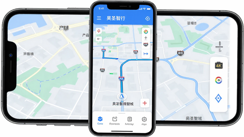 绘制一张高清的昊圣智行APP界面全景图,主体是手机屏幕显示着简洁的导航地图界面,布局清晰,顶部为状态栏,中间是实时路况地图,底部为功能快捷入口,风格为现代扁平化设计,色彩以科技蓝和白色为主,细节处体现流畅的线条感,画质4K,干净无多余元素