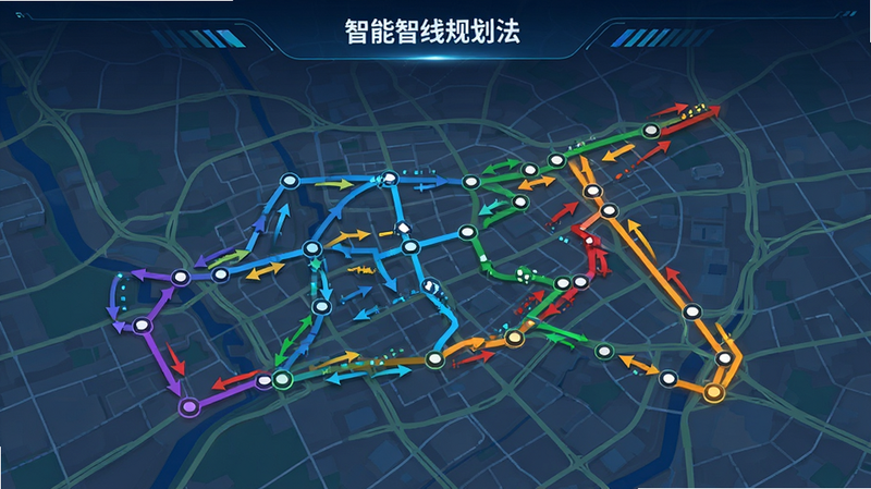 生成一张展示智能路线规划功能的示意图,主体为地图上的多条彩色路线对比,布局清晰展示不同路径的差异,风格为科技感数据可视化,细节体现节点连接与流量箭头,画质高清,干净无杂乱背景,突出昊圣智行的智能算法优势