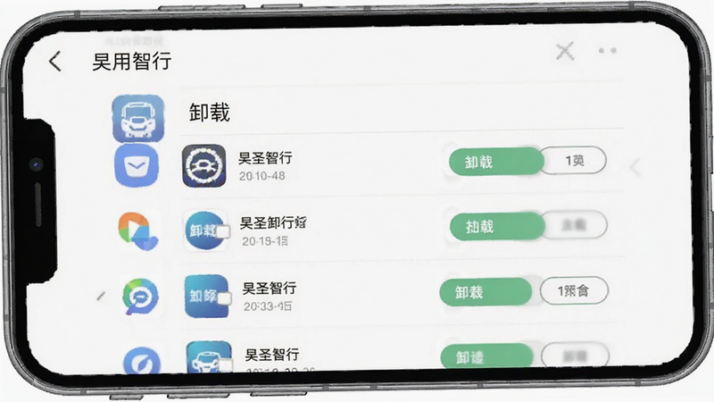 生成一张应用卸载界面的示意图,主体是手机系统的应用管理列表,布局清晰列出应用名称与卸载按钮,风格为标准系统UI,细节体现操作选项,画质清晰,无干扰元素,展示昊圣智行的卸载流程