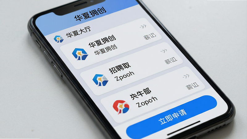 �ֻ���Ļ��д����ʾ������ӵ����APP�ڵľ�ҵ�������棬����Ϊ�б���ʽ���Ű����������Ϊǳ��ɫ����������ɫ��ť��ϸ��չʾ�������й�˾Logo��ְλ���Ƽ�н�ʷ�Χ����Ƹ��Ƭ���ײ��С��������롱������ť��������ʵ��ǿ��������Ԫ�أ�������Ӱ������֡�����ӵ������Ӧ�ñ�����������ʾ