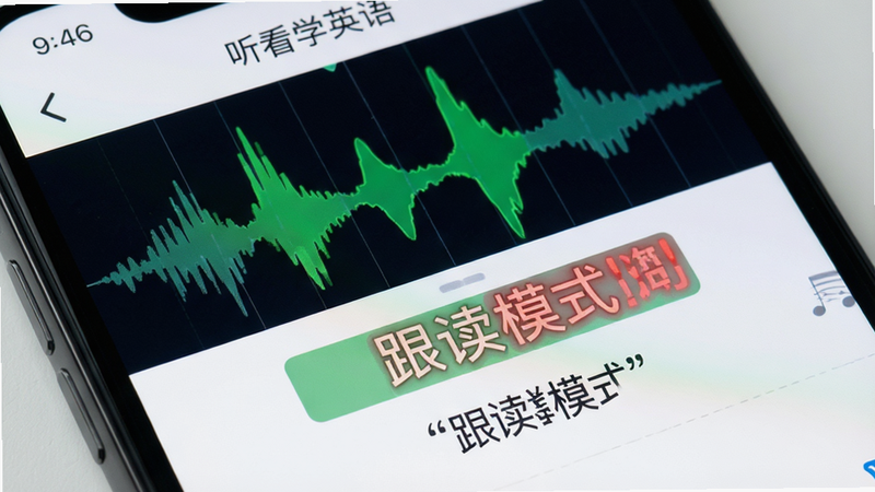 特写镜头,展示手机屏幕上“听看学英语”APP的跟读界面,主体是声波图和高亮的字幕行,布局聚焦于发音反馈区域,排版紧凑,风格科技感,细节显示绿色的正确发音波峰和红色的错误提示,画质高清,干净,无多余元素,文字“跟读模式”加引号