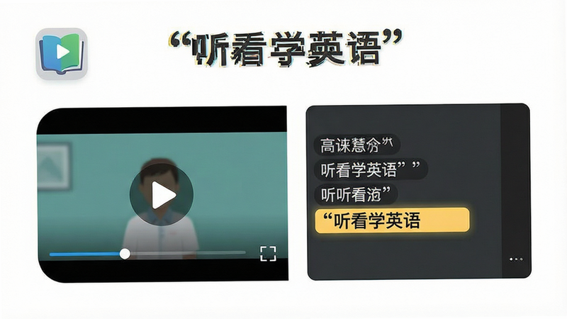 一张简洁现代的APP界面展示图,主体是“听看学英语”的应用图标和主界面,布局清晰,左侧是视频播放区,右侧是歌词字幕区,排版整齐,风格扁平化,细节处有播放按钮和高亮字幕,画质清晰,干净,无多余元素,文字“听看学英语”加引号