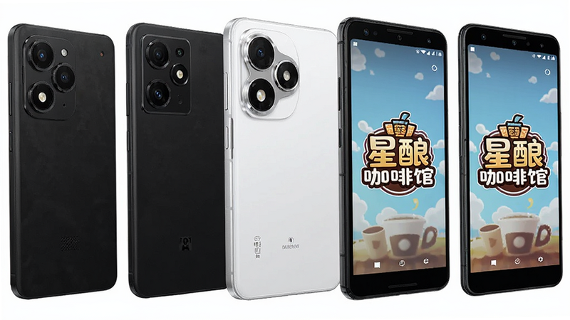 主体为多部不同品牌的安卓手机并排展示,布局整齐排列,风格为科技产品展示图,细节展示手机背面摄像头模组和正面屏幕,画质高清,画面干净无多余元素,每部手机屏幕上均显示《星酿咖啡馆》游戏Logo,背景为纯白色,突出手机产品的多样性和兼容性,整体构图平衡且专业