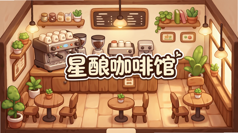主体为《星酿咖啡馆》游戏主界面全景,布局呈现温馨的咖啡馆内部场景,排版紧凑有序,风格为精致的2D卡通插画风,细节丰富包含咖啡机、桌椅及装饰物,画质高清,画面干净无多余元素,中央醒目显示文字