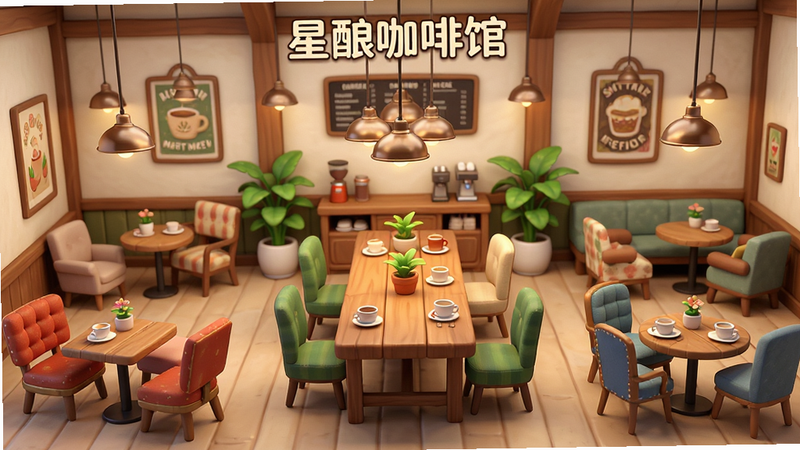 主体为《星酿咖啡馆》游戏内装修界面,布局展示宽敞明亮的咖啡馆大厅,排版包含多组不同风格的桌椅组合和墙面装饰,风格为写实与卡通结合的渲染风格,细节丰富展现木质纹理、金属光泽及布艺质感,画质精细,画面干净无多余元素,中央展示一张精致的长桌,周围环绕着绿植和吊灯,整体氛围温馨雅致