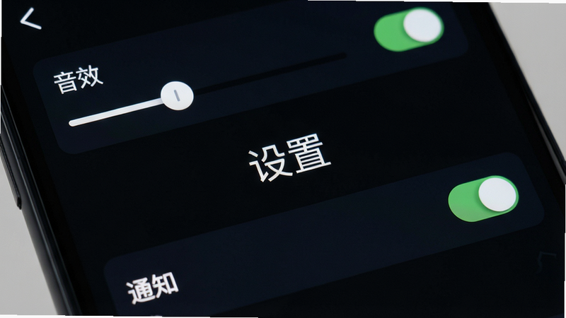 主体为手机屏幕特写,布局展示游戏设置界面,排版清晰列出画质、音效、通知等选项,风格为简洁的UI界面设计,细节展示滑块和开关按钮状态,画质清晰,画面干净无多余元素,屏幕中央显示文字