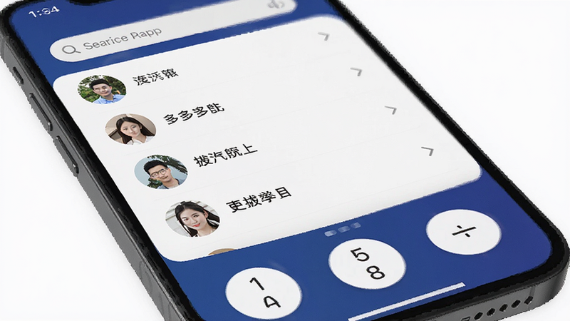 手机屏幕特写,显示拨号多多APP界面,顶部为搜索框,中间列表清晰展示联系人,底部有大号拨号按钮,背景简洁白色,风格现代极简,高清细节,无多余元素