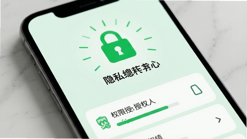 手机界面展示隐私安全中心,绿色锁图标突出,下方列出权限授权状态,背景淡绿色,风格专业可信,高清渲染,文字清晰,无杂乱元素