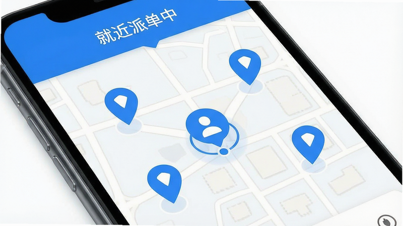 一张手机屏幕界面图,显示地图定位界面,多个蓝色定位标记点围绕中心用户图标分布,屏幕上方显示“就近派单中”字样,界面简洁现代,蓝白配色,高清UI设计,无其他干扰元素