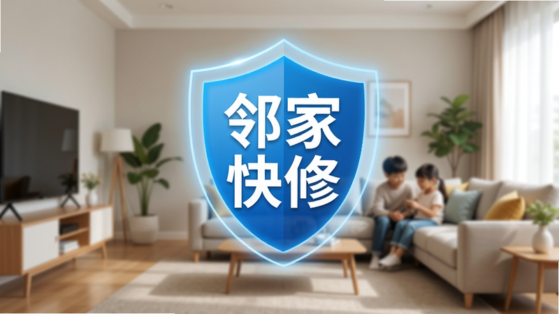 一张现代家居客厅场景图,画面中心悬浮着一个发光的蓝色盾牌图标,盾牌中心写着“邻家快修”四个白色大字,背景是模糊的温馨家庭环境,色调明亮干净,体现安全与信赖,高清写实风格,无多余元素