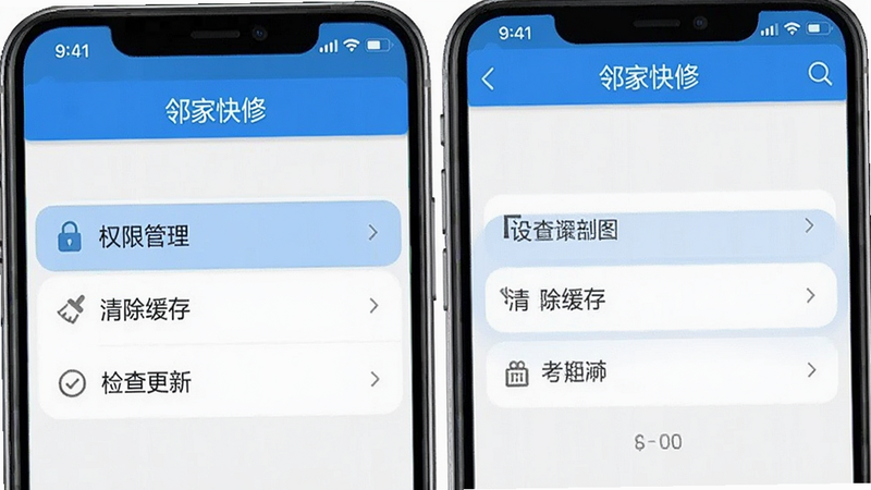 一张手机屏幕截图,显示“邻家快修”APP的设置界面,重点高亮显示“权限管理”、“清除缓存”、“检查更新”三个选项,界面清晰直观,蓝白色调,高清UI设计,无其他干扰元素