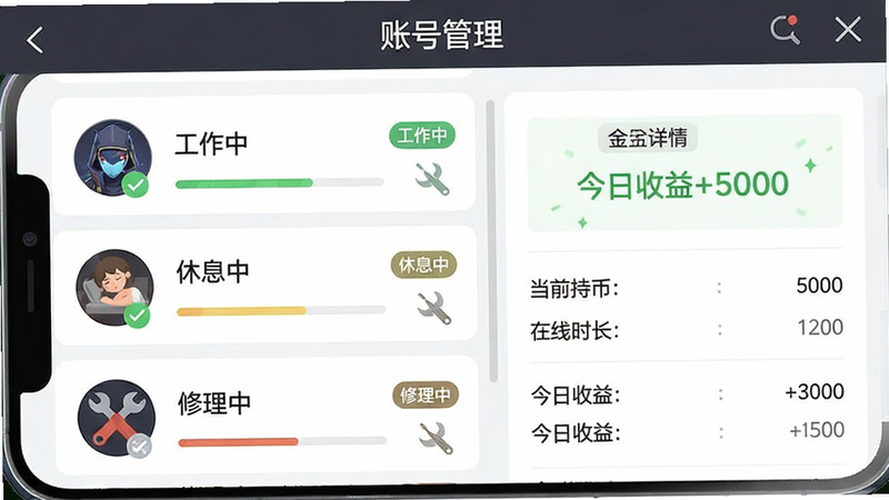 手机屏幕界面展示“网游:打金工作室模拟器”的账号管理页面,左侧是账号列表,每个账号头像旁显示状态图标如“工作中”、“休息中”、“修理中”,右侧是详情面板,显示该账号当前持有的金币数量、在线时长和今日收益,布局为左右分栏,排版整洁,风格为扁平化UI设计,细节处有微小的进度条和状态标签,画质清晰,干净,无多余元素,文字“账号管理”位于顶部,字体清晰,文字“今日收益+5000”位于右侧面板,颜色为绿色,突出盈利效果