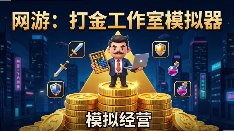 主体为一款名为“网游:打金工作室模拟器”的手机游戏宣传海报,背景是深色赛博朋克风格的城市夜景,前景是一个巨大的金色游戏金币堆叠成的金字塔,金字塔顶端站着一个卡通化的老板角色,手持算盘和笔记本电脑,周围环绕着各种网游装备图标如剑、盾、药水等,布局居中对称,排版清晰,风格为3D卡通渲染,细节丰富,金币反光强烈,画质高清,干净,无多余元素,文字“网游:打金工作室模拟器”位于顶部中央,字体粗壮醒目,文字“模拟经营”位于底部,字体稍小,整体色调为金色与深蓝对比,营造财富与科技感的氛围