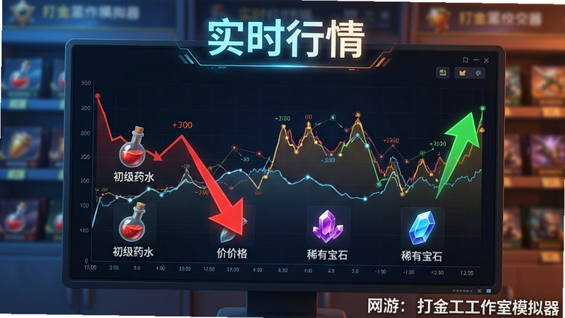 一张展示“网游:打金工作室模拟器”市场交易界面的概念图,背景是模糊的游戏商城货架,前景是一个巨大的电子显示屏,显示着各种道具的价格走势图,曲线起伏剧烈,有的道具图标如“初级药水”价格下跌显示红色箭头,有的“稀有宝石”价格上涨显示绿色箭头,布局聚焦于屏幕中央,排版紧凑,风格为科技感数据可视化,细节处有微小的数据点连接,画质高清,干净,无多余元素,文字“实时行情”位于屏幕顶部,字体发光,文字“网游:打金工作室模拟器”作为水印位于角落,整体色调冷暖对比,体现市场波动