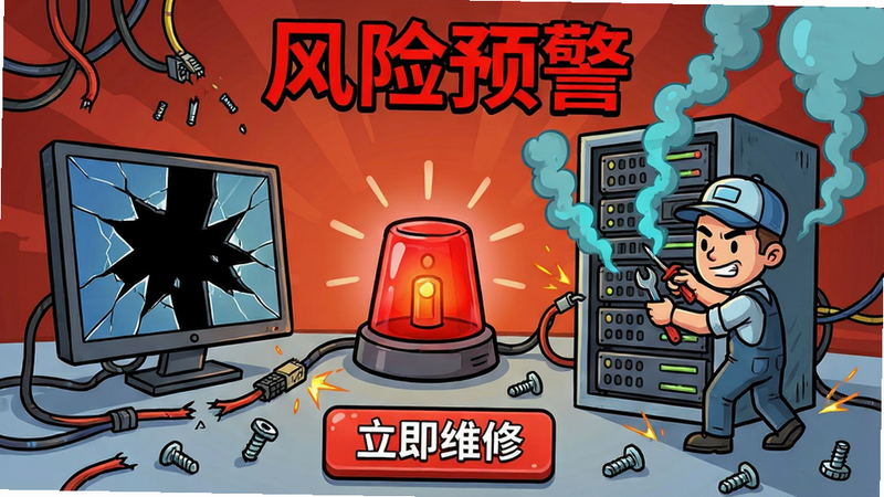 展示“网游:打金工作室模拟器”中风险管理的场景,画面中央是一个红色的警报灯闪烁,周围环绕着破碎的屏幕和断裂的电线,象征系统故障或封号风险,旁边有一个卡通化的维修工正在抢修服务器机柜,机柜上冒着青烟,布局呈现冲突感,排版突出危机时刻,风格为略带夸张的卡通叙事,细节处有散落的螺丝和火花,画质清晰,干净,无多余元素,文字“风险预警”位于顶部,字体红色加粗,文字“立即维修”位于底部按钮上,引导用户操作,整体氛围紧张但有趣