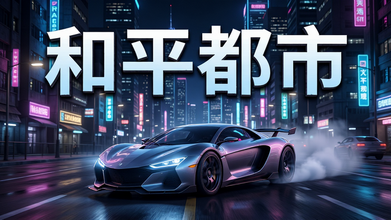 一张高清的游戏宣传海报,主体为“和平都市”四个大字,背景是繁华的现代都市夜景,霓虹灯闪烁,画面中央有一辆概念跑车正在漂移,布局居中对称,排版大气,风格为写实3D渲染,细节丰富,画质4K高清,干净,无多余元素