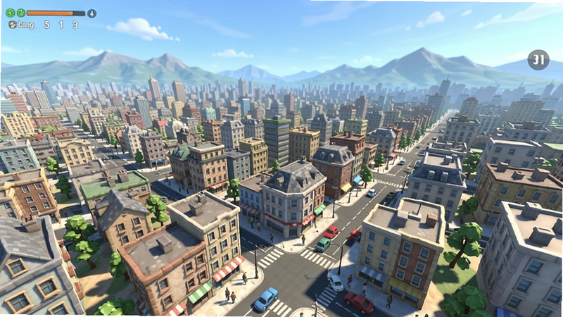游戏内截图,展示开阔的城市全景,远处有山脉,近处是密集的建筑群,视角为高空俯瞰,布局开阔,风格明亮清新,细节包含街道上的行人和车辆,画质清晰,干净,无多余元素