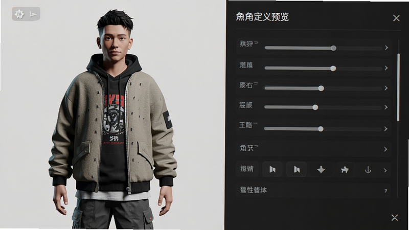 角色自定义界面预览,左侧显示一个身穿时尚街头服饰的3D男性角色,右侧是属性面板,布局左右分栏,风格现代简约,细节展示服装纹理和光影效果,画质细腻,干净,无多余元素