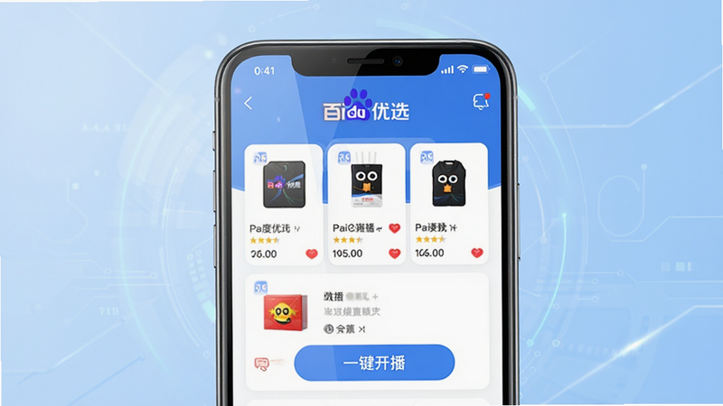主体为‘百度优选’安卓应用主界面高清渲染图,布局采用居中卡片式设计,顶部清晰显示软件名称‘百度优选’,中部展示简洁的商品列表与‘一键开播’按钮,背景为干净的浅蓝色渐变科技风,细节包含手机边框与屏幕高光,风格现代简约,画质4k,无多余元素