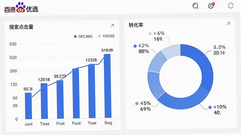 主体为数据可视化仪表盘界面,展示‘百度优选’后台流量分析图表,布局左右分栏,左侧为柱状图显示‘搜索点击量’,右侧为环形图显示‘转化率’,配色采用百度蓝与白色主调,细节清晰展示数据标签,风格专业商务,画质高清,干净无杂色