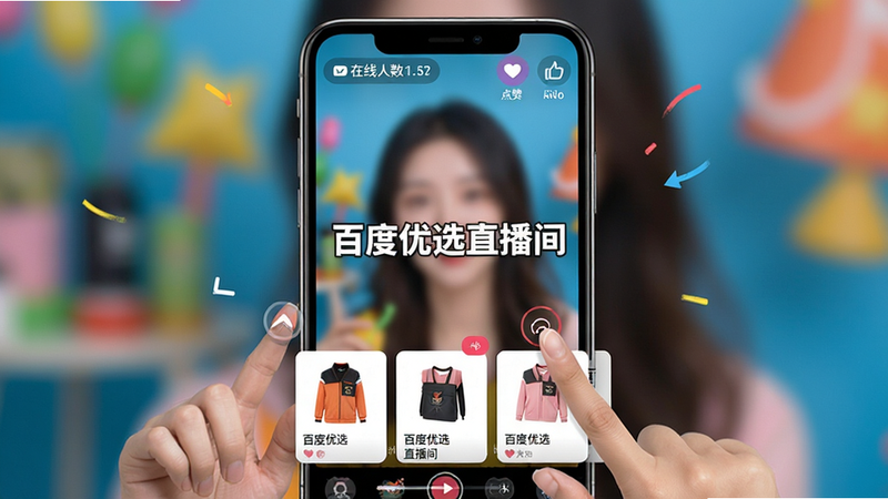 主体为手机直播界面模拟图,屏幕中央显示‘百度优选直播间’字样,底部悬浮商品卡片列表,顶部有‘在线人数’与‘点赞’图标,背景虚化处理突出前景UI,风格活力生动,细节包含手势操作示意,画质细腻,无水印