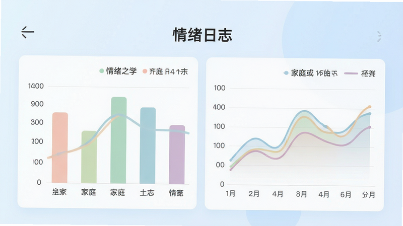 展示“齐家之学”APP的情绪图表界面,包含柱状图和折线图,颜色柔和,区分不同家庭成员,背景为淡蓝色渐变,布局数据化,风格专业清晰,文字标注“情绪日志”,高清,干净,无多余元素