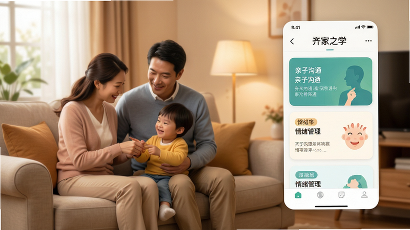 画面主体为“齐家之学”APP界面预览,背景为温馨暖色调的家庭客厅,沙发上有父母与孩子互动,UI界面悬浮在右侧,显示“亲子沟通”、“情绪管理”模块,布局清晰,排版简洁,风格现代扁平化,细节丰富,文字标注“齐家之学”,高清,干净,无多余元素