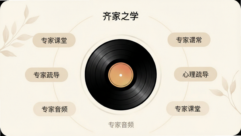 展示“齐家之学”APP的音频播放界面,中心为旋转的唱片图案,周围环绕着“专家课堂”、“心理疏导”等标签,背景为柔和的米白色,布局中心对称,风格简约优雅,文字标注“专家音频”,高清,干净,无多余元素