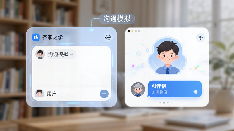展示“齐家之学”APP内的对话模拟界面,左侧为用户输入框,右侧为AI伴侣角色回复,背景虚化处理,突出UI卡片设计,文字标注“沟通模拟”,风格科技感与亲和力结合,高清,干净,无多余元素