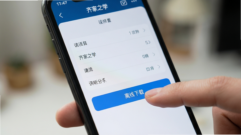 展示手机屏幕上的“齐家之学”设置界面,手指正在点击“离线下载”按钮,背景模糊,突出操作细节,风格写实,高清,干净,无多余元素