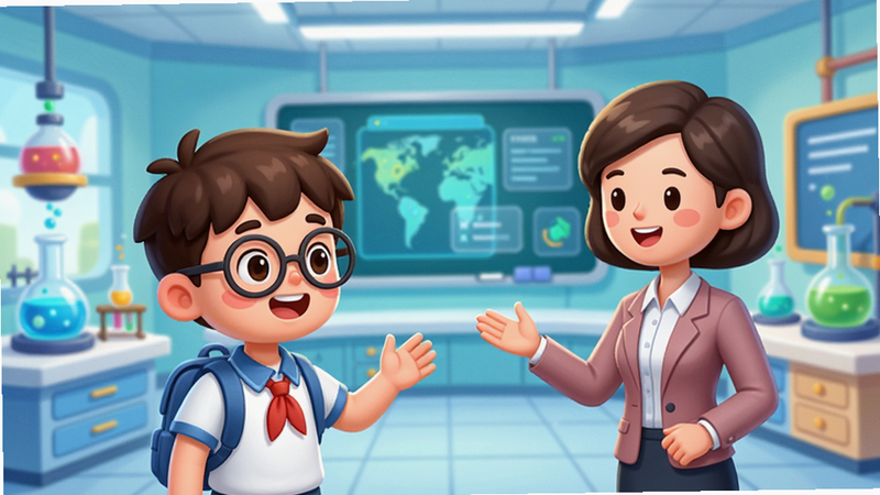创思学APP互动课堂场景,展示一个卡通学生角色正在与虚拟老师交流,背景为虚拟实验室环境,色彩明亮活泼,体现科技感与亲和力,高清插画风格