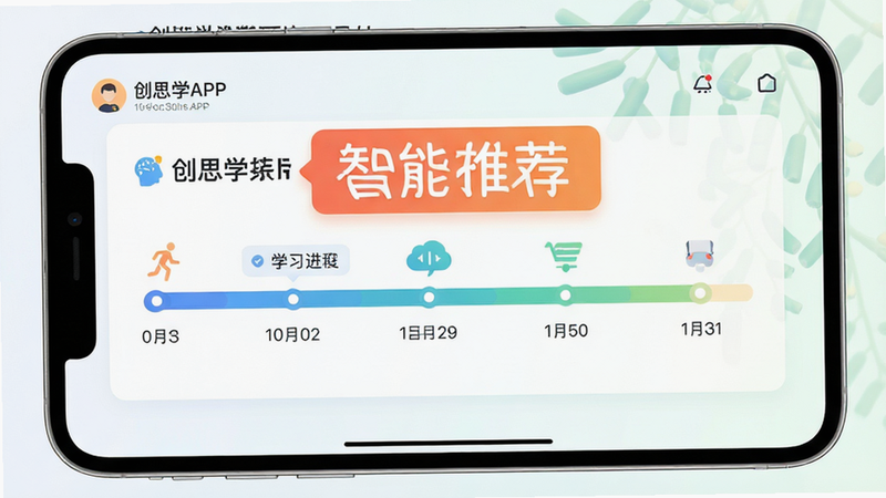 创思学APP内的课程规划模块界面截图,展示时间轴形式的学习进度条,背景干净,突出“智能推荐”标签,界面扁平化设计,色彩清新,高清渲染