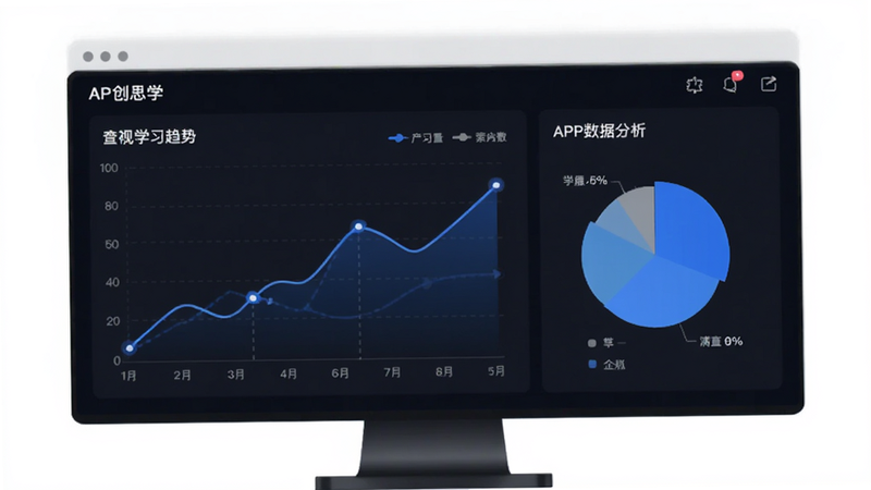 创思学APP数据分析页面,展示折线图与饼图组合,直观呈现学习趋势,界面简洁专业,深色背景衬托蓝色数据线条,高清矢量图风格